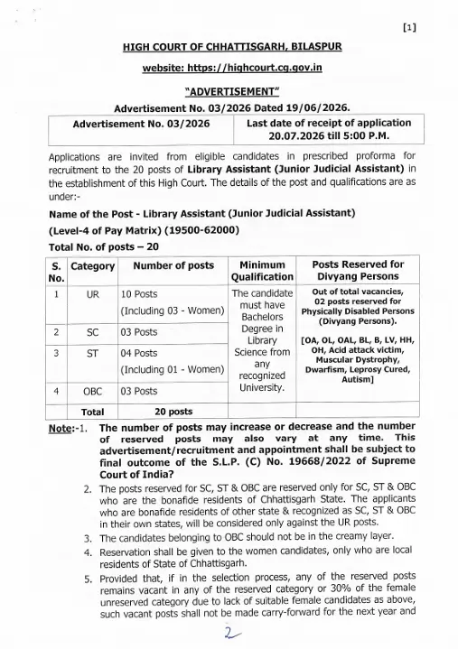 Cg High Court Assistant Librarian Vacancy 2026